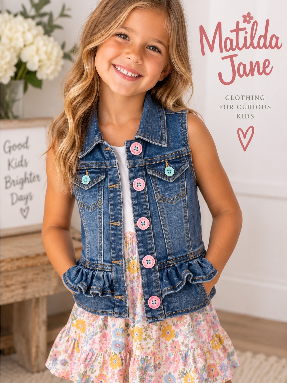 Matilda Jane Girls Denim Vest Size 6 Ruffle Hem Pink Buttons Floral Lining